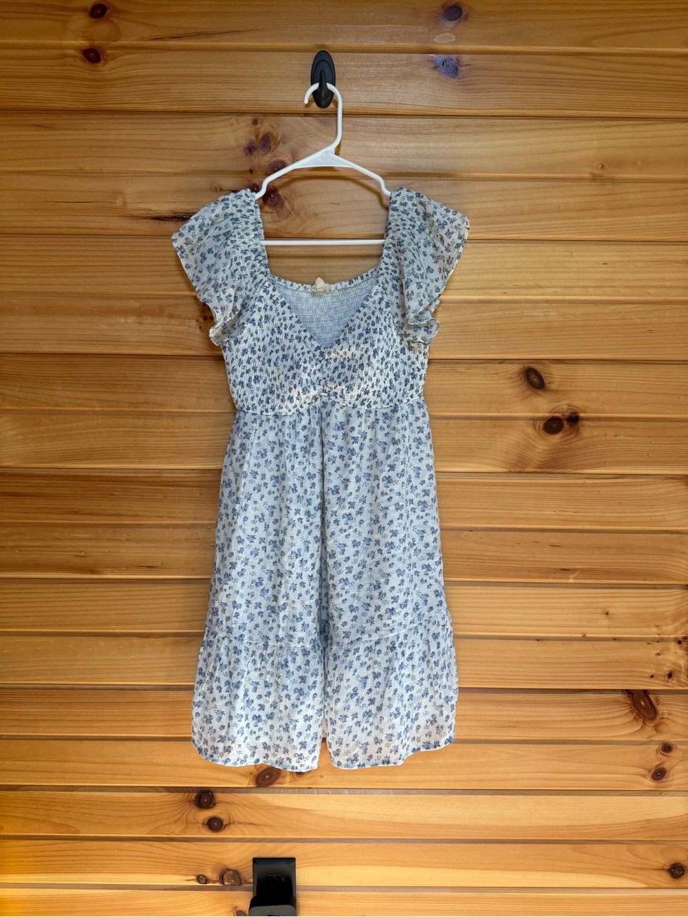 Girls Blue Floral Ruffle-Sleeve Dress